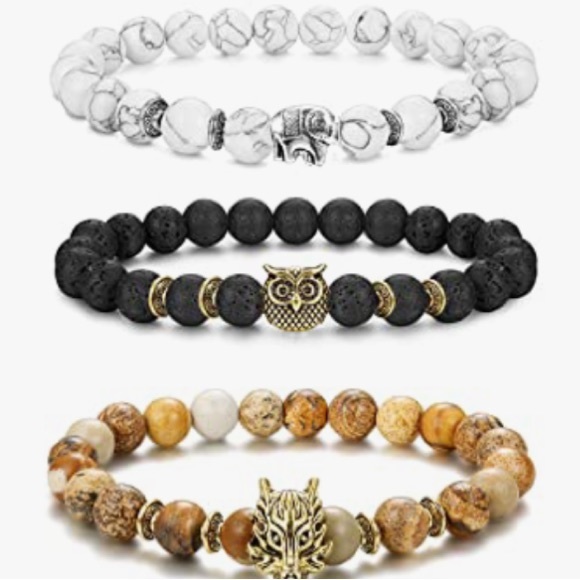 🦉20%off 3+🦉NWT Genuine 8mm Lava Rock Power Gemstone Unisex Bracelet, owl charm - Picture 2 of 7